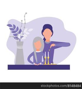 Jewish religion woman in headdress. Mother and daughter lighting candles for Shabbat. Isolated on white background. Vector illustration. Modern flat style.. Jewish woman lighting candles