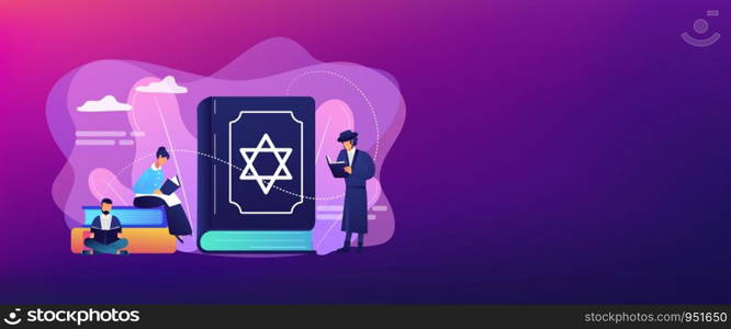 Jews in national costumes reading about religion, Torah, tiny people. Torah Judaism holy book, Jewish Beliefs on Jesus, orthodox Judaism concept. Header or footer banner template with copy space.. Judaism concept banner header.