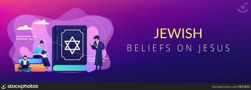 Jews in national costumes reading about religion, Torah, tiny people. Torah Judaism holy book, Jewish Beliefs on Jesus, orthodox Judaism concept. Header or footer banner template with copy space.. Judaism concept banner header.