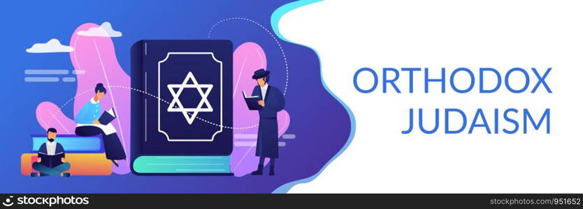 Jews in national costumes reading about religion, Torah, tiny people. Torah Judaism holy book, Jewish Beliefs on Jesus, orthodox Judaism concept. Header or footer banner template with copy space.. Judaism concept banner header.