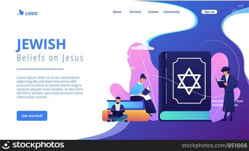 Jews in national costumes reading about religion, Torah, tiny people. Torah Judaism holy book, Jewish Beliefs on Jesus, orthodox Judaism concept. Website homepage landing web page template.. Judaism concept landing page.