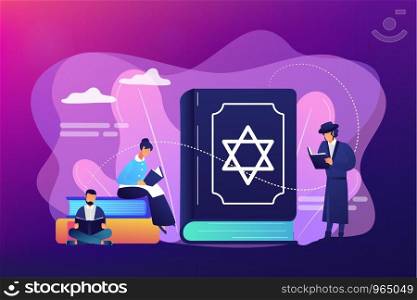 Jews in national costumes reading about religion, Torah, tiny people. Torah Judaism holy book, Jewish Beliefs on Jesus, orthodox Judaism concept. Bright vibrant violet vector isolated illustration. Judaism concept vector illustration.
