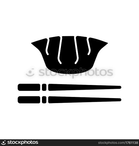 Jiaozi black glyph icon. Gyoza with chopsticks. Traditional steamed dumpling. Chinese cuisine. Lunar New year celebration food. Silhouette symbol on white space. Vector isolated illustration. Jiaozi black glyph icon