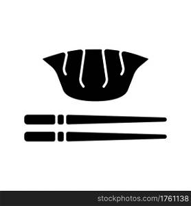 Jiaozi black glyph icon. Gyoza with chopsticks. Traditional steamed dumpling. Chinese cuisine. Lunar New year celebration food. Silhouette symbol on white space. Vector isolated illustration. Jiaozi black glyph icon