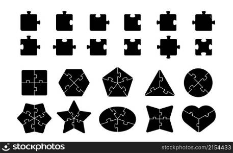 Jigsaw elements. Puzzle shapes template, black pieces for game or hand made. Game details, teamwork metaphor. Puzzles recent vector grids. Illustration of jigsaw shape, piece puzzle. Jigsaw elements. Puzzle shapes template, black pieces for game or hand made. Game details, teamwork metaphor. Puzzles recent vector grids