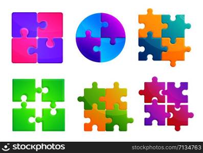 Jigsaw icons set. Cartoon set of jigsaw vector icons for web design. Jigsaw icons set, cartoon style