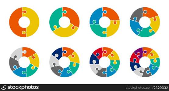 Jigsaw Infographic pie chart set. Cycle collection 2,3,4,5,6,7 and 8 section Circle