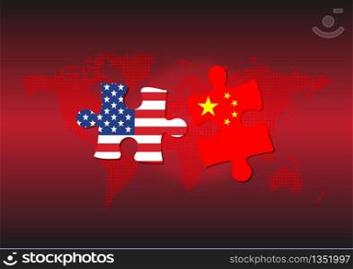 Jigsaw of China and Us Flag over World Dotted Background
