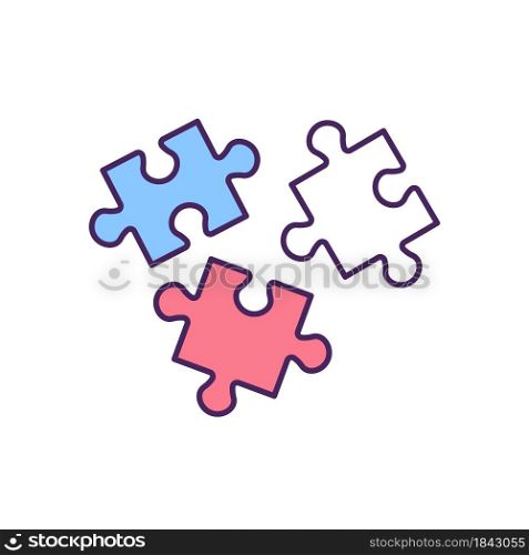 Jigsaw pieces RGB color icon. Assembling mosaic parts. Metaphor for teamwork. Matching tiles for game. Logic skill improvement. Isolated vector illustration. Simple filled line drawing. Jigsaw pieces RGB color icon