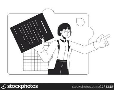 Jigsaw puzzle asian employee bw concept vector spot illustration. Eyeglasses female office worker 2D cartoon flat line monochromatic character for web UI design. Editable isolated outline hero image. Jigsaw puzzle asian employee bw concept vector spot illustration
