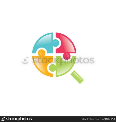 Jigsaw Puzzle Magnifying Icon Logo. Education vector logo design template.