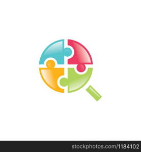 Jigsaw Puzzle Magnifying Icon Logo. Education vector logo design template.