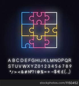Jigsaw puzzle neon light icon. Tiling, assembly game. Interlocking pieces. Mental exercise. Ingenuity test. Brain teaser. Glowing sign with alphabet, numbers and symbols. Vector isolated illustration