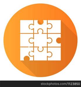 Jigsaw puzzle orange flat design long shadow glyph icon. Tiling, assembly game. Interlocking pieces. Mental exercise. Ingenuity test. Brain teaser. Solution finding. Vector silhouette illustration