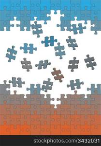Jigsaw puzzle pieces fall or fly together to solve themselves in an easy solution.