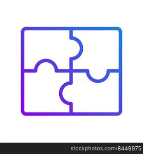 Jigsaw puzzle pieces pixel perfect gradient linear vector icon. Business cooperation. Teamwork in company. Thin line color symbol. Modern style pictogram. Vector isolated outline drawing. Jigsaw puzzle pieces pixel perfect gradient linear vector icon