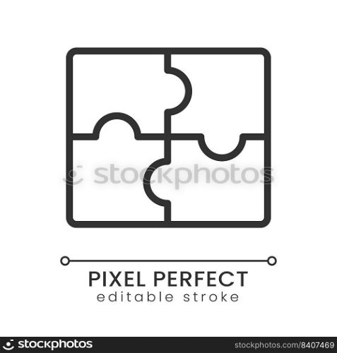 Jigsaw puzzle pieces pixel perfect linear icon. Business cooperation. Teamwork in company. Thin line illustration. Contour symbol. Vector outline drawing. Editable stroke. Poppins font used. Jigsaw puzzle pieces pixel perfect linear icon