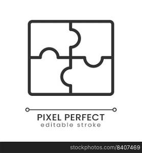 Jigsaw puzzle pieces pixel perfect linear icon. Business cooperation. Teamwork in company. Thin line illustration. Contour symbol. Vector outline drawing. Editable stroke. Poppins font used. Jigsaw puzzle pieces pixel perfect linear icon