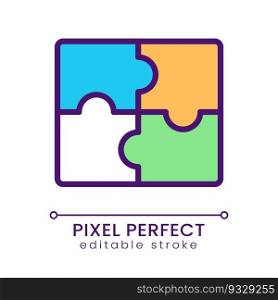 Jigsaw puzzle pieces pixel perfect RGB color icon. Business cooperation. Teamwork in company. Isolated vector illustration. Simple filled line drawing. Editable stroke. Poppins font used. Jigsaw puzzle pieces pixel perfect RGB color icon
