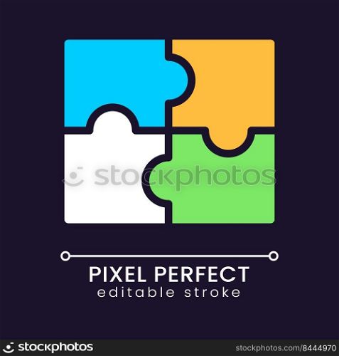 Jigsaw puzzle pieces pixel perfect RGB color icon for dark theme. Cooperation. Teamwork in company. Simple filled line drawing on night mode background. Editable stroke. Poppins font used. Jigsaw puzzle pieces pixel perfect RGB color icon for dark theme