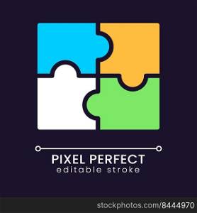 Jigsaw puzzle pieces pixel perfect RGB color icon for dark theme. Cooperation. Teamwork in company. Simple filled line drawing on night mode background. Editable stroke. Poppins font used. Jigsaw puzzle pieces pixel perfect RGB color icon for dark theme
