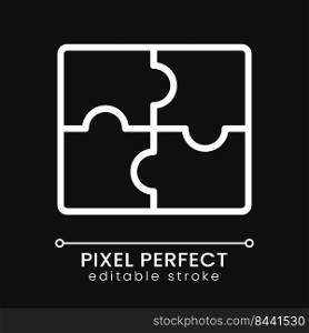 Jigsaw puzzle pieces pixel perfect white linear icon for dark theme. Cooperation. Teamwork in company. Thin line illustration. Isolated symbol for night mode. Editable stroke. Poppins font used. Jigsaw puzzle pieces pixel perfect white linear icon for dark theme