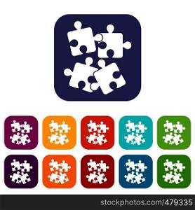 Jigsaw puzzles icons set vector illustration in flat style in colors red, blue, green, and other. Jigsaw puzzles icons set