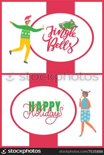 Jingle bells and Happy holidays greeting cards and people. Party celebration with colleagues, vector. Man with glass of champagne, woman in deer horns. Christmas Party Celebration, Colleagues at Fest