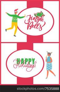 Jingle bells and Happy holidays greeting cards and people. Party celebration with colleagues, vector. Man with glass of champagne, woman in deer horns. Christmas Party Celebration, Colleagues at Fest