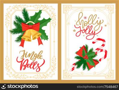 Jingle bells and holly jolly greeting cards with Christmas decorations, two candy sticks decorated by mistletoe holly berries and vector golden accessories. Jingle Bells and Holly Jolly Greetings, Christmas