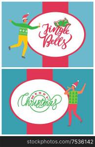 Jingle Bells and Merry Christmas greeting postcard with cheerful boys. Men celebrating holiday in t-shirt and sweater and trousers wearing Santa hat vector. Jingle Bells and Merry Christmas Postcard Vector