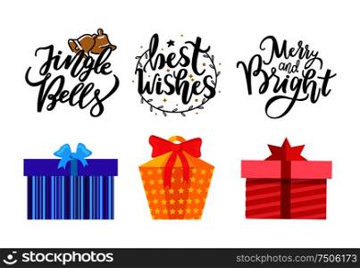 Jingle bells, Best wishes, merry and bright lettering postcard with gifts packed in decorative boxes, topped by bows. Vector Xmas and New Year presents. Jingle Bells, Best Wishes, Merry Bright Lettering