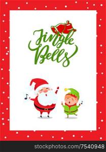 Jingle bells greeting card with Santa Claus and Elf singing carol songs. New Year cartoon character Father frost and dwarf little helper, music signs, vector. Holly Jolly Greeting Card with Santa Claus and Elf