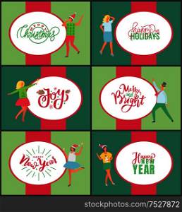 Jingle bells happy New Year and Merry Christmas celebration posters on multicolor background. People with champagne drinking alcohol and dancing. Fun party of man and woman. Jingle Bells Happy New Year and Merry Christmas