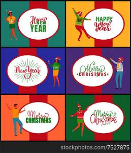 Jingle bells happy New Year and Merry Christmas celebration posters on multicolor background. People with champagne drinking alcohol and dancing. Fun party of man and woman. Jingle Bells Happy New Year and Merry Christmas