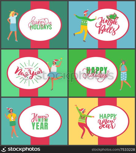 Jingle bells happy New Year and Merry Christmas celebration posters on multicolor background. People with champagne drinking alcohol and dancing. Fun party of man and woman. Jingle Bells Happy New Year and Merry Christmas