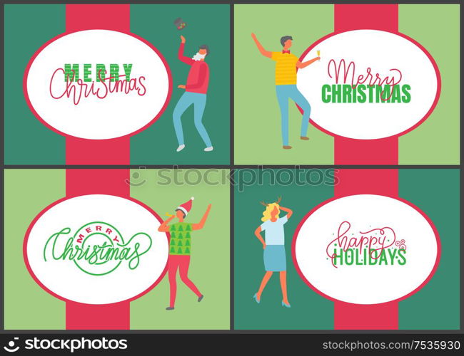 Jingle bells happy New Year and Merry Christmas celebration posters on multicolor background. People with champagne drinking alcohol and dancing. Fun party of man and woman. Jingle Bells Happy New Year and Merry Christmas