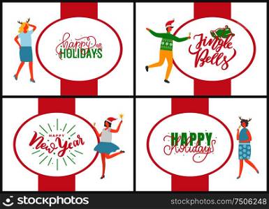 Jingle bells happy New Year and Merry Christmas celebration posters on white background. People with champagne drinking alcohol and dancing. Fun party of man and woman. Jingle Bells Happy New Year and Merry Christmas