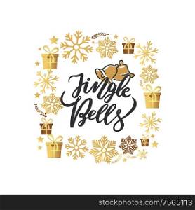 Jingle bells print, lettering text and two holiday campanes vector. Winter greetings on New Year, winter frame of snowflakes, gift boxes stars and leaves. Jingle Bells Lettering Print, Two Holiday Campanes