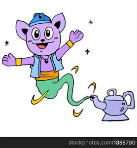 Jinn came out of Aladin's magic lamp. cartoon illustration sticker mascot emoticon