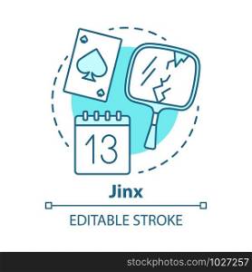Jinx concept icon. Mystic and superstition idea thin line illustration. Bad luck, misfortune omen. Broken mirror, friday 13th and spades card vector isolated outline drawing. Editable stroke