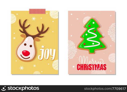 Jo and Merry Christmas celebration posters set vector. Reindeer with horns, pine tree cookie, sweet snacks in form of deer animal and winter spruce fir. Jo and Merry Christmas Celebration Posters Set