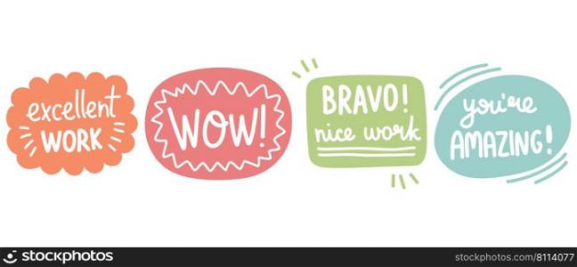 Job and great job stickers. School reward, encouragement st&. Student icon. Vector illustration