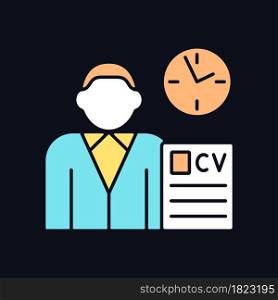 Job applicant RGB color icon for dark theme. Apply for new job. Send resume. Recruitment process. Isolated vector illustration on night mode background. Simple filled line drawing on black. Job applicant RGB color icon for dark theme
