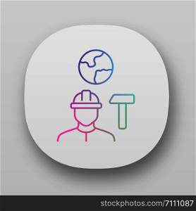 Job for immigrants app icon. Migrant, refugee employment. Finding work abroad. Hard hat worker, handyman. UI/UX user interface. Web or mobile applications. Vector isolated illustrations