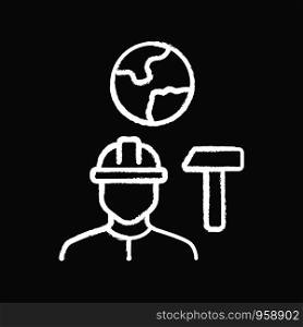 Job for immigrants chalk icon. Migrant, refugee employment. Construction worker. Finding work abroad. Hard hat worker, handyman. Searching for job. Isolated vector chalkboard illustration