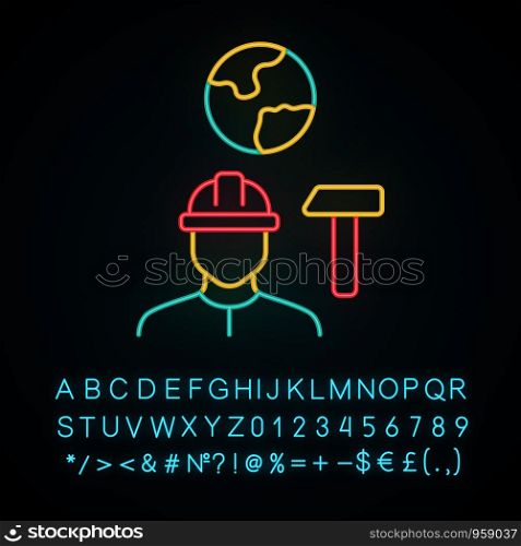 Job for immigrants neon light icon. Migrant, refugee employment. Finding work abroad. Hard hat worker, handyman. Glowing sign with alphabet, numbers and symbols. Vector isolated illustration
