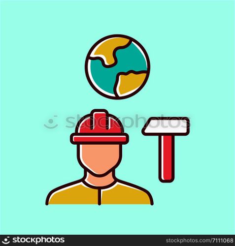 Job for immigrants yellow color icon. Migrant, refugee employment. Construction worker. Finding work abroad. Hard hat worker, handyman. Searching for job. Isolated vector illustration