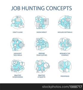 Job hunting blue concept icons set. Attracting talents idea thin line color illustrations. Human resource. Writing cv. Apply for job. Interviewing. Vector isolated outline drawings. Editable stroke. Job hunting blue concept icons set