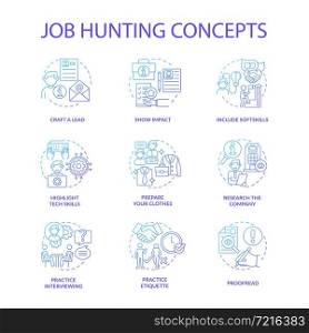 Job hunting blue gradient concept icons set. Attracting talents idea thin line color illustrations. Human resource. Writing cv. Apply for job. Interviewing. Vector isolated outline drawings. Job hunting blue gradient concept icons set